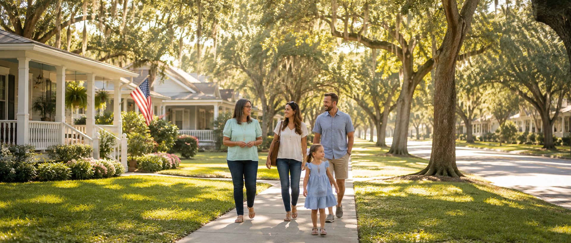 Bethany Mixson walking with a Northwest Florida family through a neighborhood while discussing their next move.