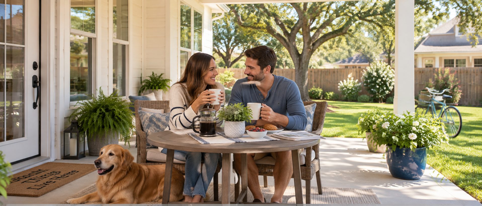 First-time homeowners enjoying a relaxed morning on the back porch of an attainable Northwest Florida home.