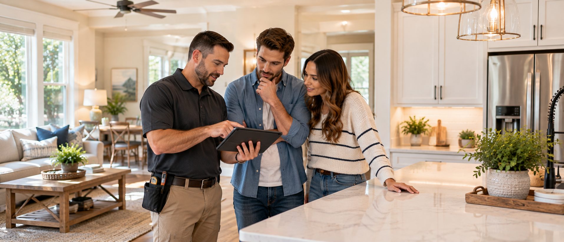 First-time home buyers reviewing inspection findings with a home inspector inside a Northwest Florida home.