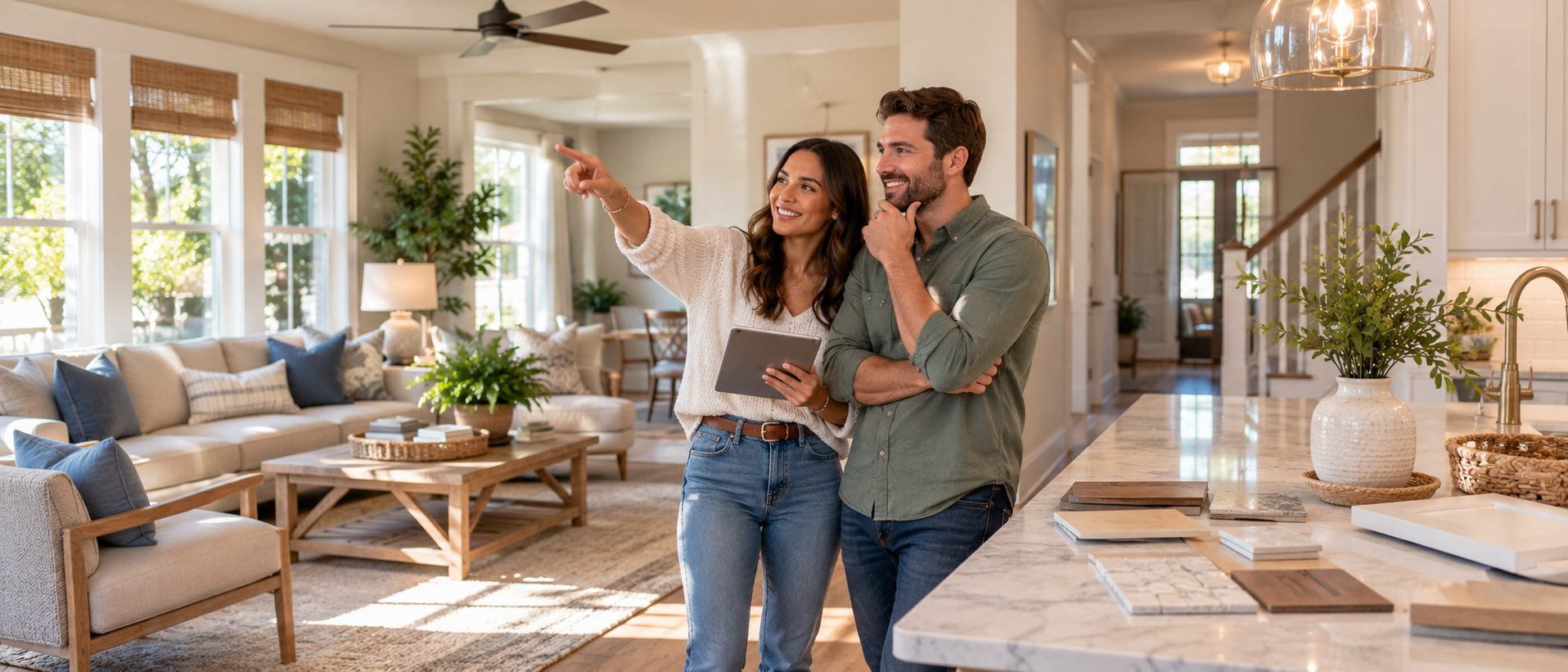 First-time home buyers evaluating the layout and finishes of a Northwest Florida home.